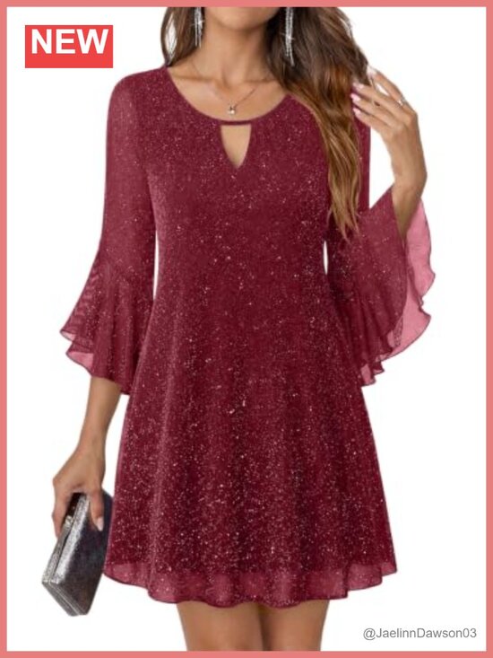 Dresses & Skirts - Womens Sparkly Sequin Cocktail Dress 3/4 Bell Sleeve A Line Wedding Guest